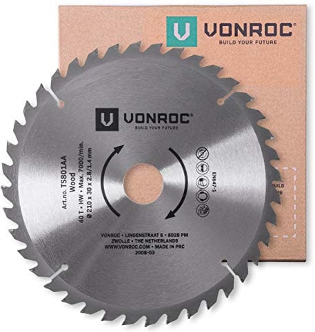 VONROC Lama per sega 210 x 30 mm - 40 denti. Per legno. Adatto per seghe da banco e troncatrici