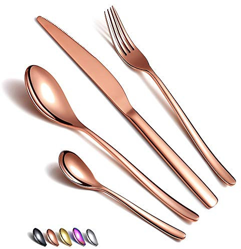 Ensemble de Couverts En Or Rose 24 Pièces,Ensemble de Couverts en Cuivre En Acier Inoxydable,Placage de Titane Ensemble D'argenterie En Or Rose,Ensembles D'ustensiles En Cuivre Pour 6(Cuivre Brillant)