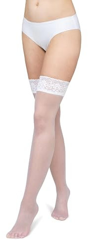 LORES Bas autofixants pour femmes avec dentelle Collants hauts en silicone Chaussettes 15 deniers au-dessus du genou, Bianco M/L