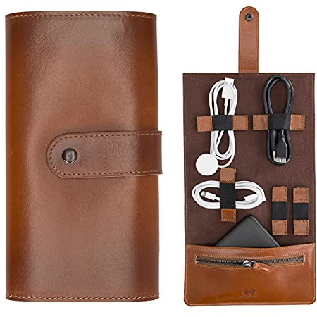 Solo Pelle Elektronische Tasche Organizer universal travel Kabel Elektronik Zubehör Tasche Reise Organizer Case für Handy, Kabel, Festplatte, USB Sticks, LENA (Cognac Braun)