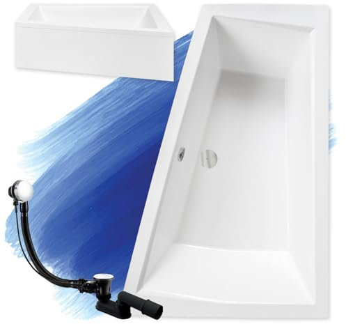 BADLAND Badewanne Original Weiß Acryl Wanne Eckbadewanne INTIMA 180x125 Rechts KOMPLETTSET SET mit Weiß Acrylschürze + Füßen und Exklusive Chrom Automatik Ablaufgarnitur Made in EU 4in1