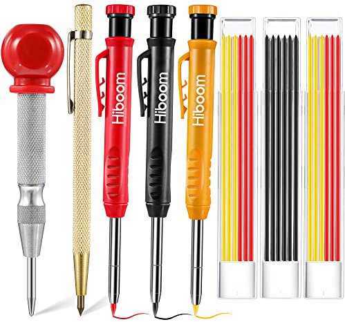 8er Packung Solide Tischler Bleistifte Set mit Körner, Tieflochmarker Hartmetall Anreißer Werkzeug, Druckbleistift Marker Markierung Werkzeug mit Eingebautem Spitzer, 21 Ersatzminen Rot Gelb Grau