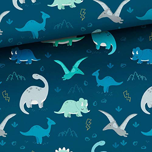 50x150cm Dinosaurier Kinderstoffe aus 100% Baumwolle, Stoffe zum Nähen mit Tiere, Premium Baumwollstoffe für Kinder mit Tiere im Wald auf navy blau, Stoff mit Kindermotiven, keine Meterware