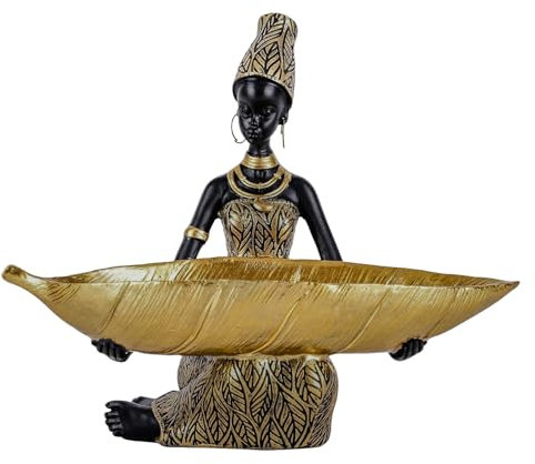 Afrikanische Stammesfrau mit Schale – Handbemalte Dekofigur aus Kunstharz – Goldene Afrikanerin Statue für Wohnzimmer, Regal, Kaffeetisch, Hochzeit oder Feiertagsdekoration (A6)
