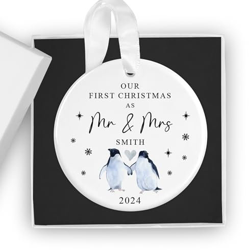 Personalised First Christmas as Mr & Mrs Ceramic Bauble Ornament with Penguin Couple – Custom Newlywed 1st Xmas Tree Decoration Keepsake Gift Boxed - Add Names & Year (Round)