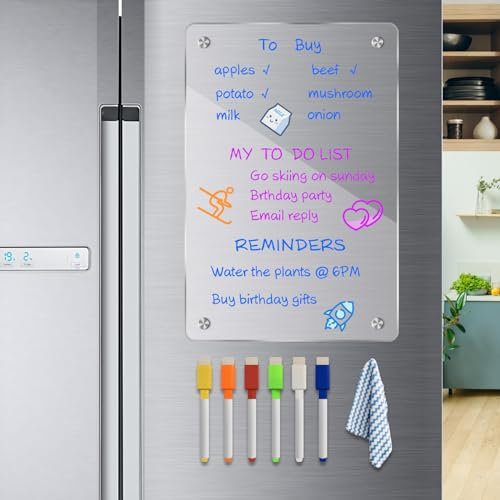 JonXon 8x12 Acrylic Magnetic Dry Erase Board for Fridge, Clear Acrylic Magnet Calendar for Refrigerator,Includes 6 Dry Erase Markers(Clear Blank)