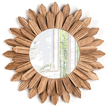 Emfogoo Wandspiegel, 30 cm, rustikaler Holzspiegel, Bauernhaus-Spiegel, Sonnenschliff, Boho-Spiegel, Wanddekoration, Raumdekoration, Heimdekoration für Schlafzimmer, Wohnzimmer, Eingangsbereich