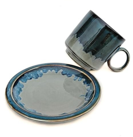 FLJZCZM Ceramic Coffee Mug with Handle and Saucer, 6 Ounce Coffee Cups Ceramic, Tea Milk and Chocolate, Dishwasher and Microwave Safe (Blue)