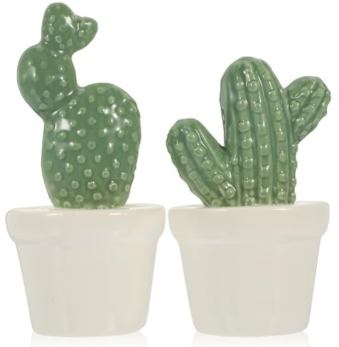 POPETPOP Kaktusfigur aus Keramik: 2 Stück Kaktusstatue aus Porzellan, Kaktus-Simulation, Kaktus-Topf-Skulptur, Miniatur-Kaktus-Dekoration für den Schreibtisch im Homeoffice