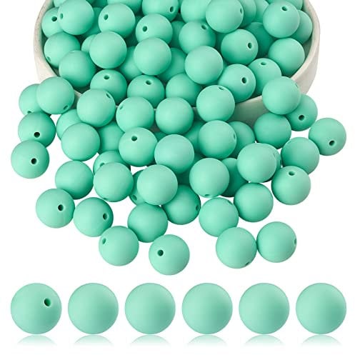 BEEFLYING 100 Pieces Silicone Beads Round Rubber Bead 15MM Loose Spacer Beads for DIY Supplies Jewelry Keychain Making (Mint Green)