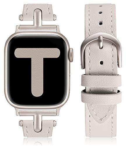 Wearlizer Lederarmband Kompatibel mit Apple Watch Armband 41mm 40mm 42mm 38mm Damen, Leder Armband mit T-Form Metallschnalle für iWatch Strap SE Serie 10 9 8 7 6 5 4 3 2 1, Polarstern/Polarstern