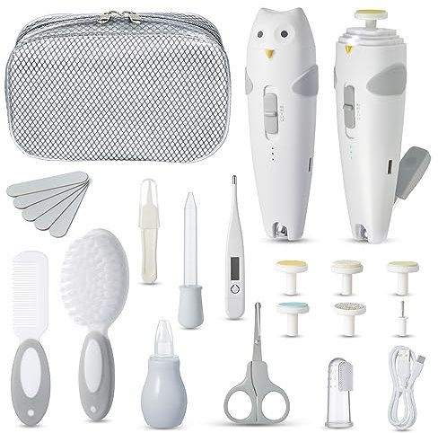 Lictin Baby Nagelfeile Elektrisch, Elektrische Nagelfeile mit 6 Schleifkopf, 26 in 1 Baby Nagelset mit LED Licht, Nagelpflegeset Elektrisch für Babys, Kleinkind, Erwachsene, USB Laden, Grau