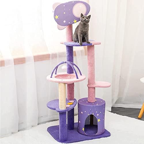 56-Zoll-Kratzbaumturm Für Hauskatzen, Mehrstufiger Lila Niedlicher Lila Rosa Kratzbaum, Einzigartiges Katzenhaus Mit Kratzbaum, Hängematte, Eigentumswohnung,XL