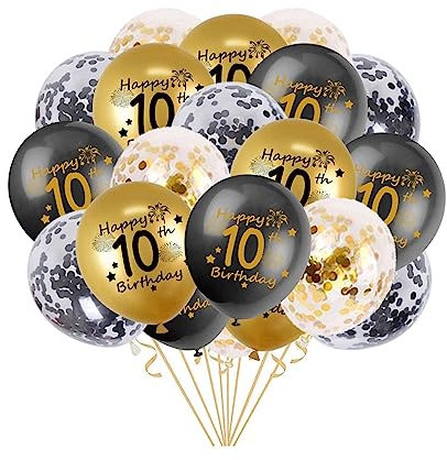 10. Geburtstag Luftballons, 20 Stück Schwarz Gold Happy 10. Geburtstag Latex Konfetti Ballon für 10 Jahre Geburtstag Deko Jungen 12 Zoll(10.)