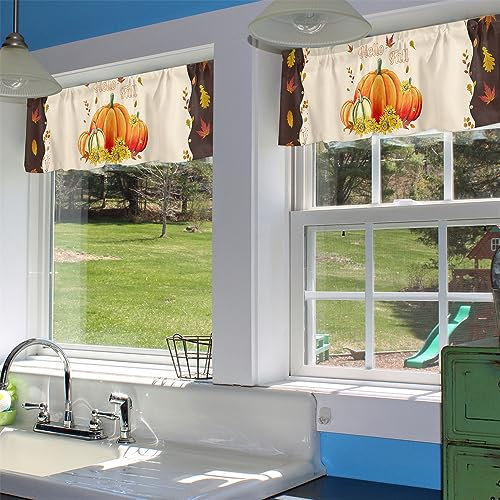 Surwin Bistrogardine Coffee Break Scheibengardine Küchengardine mit Erntedank Kürbis Motiven, Kurzgardine Wohnzimmer Landhaus Càfe Gardinen Moderne Kurz Vorhang (gefallene Blätter,137x45cm)