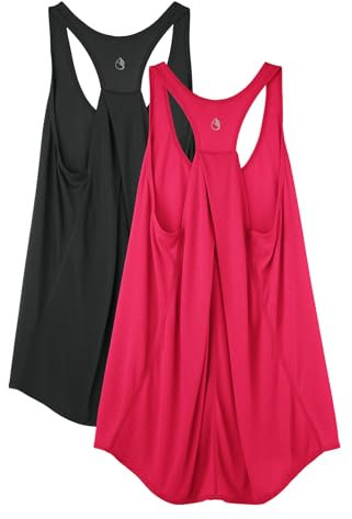 icyzone Damen Sport Tank Top Locker, Leicht Yoga Shirt, Jogging Fitness Tanktops Ärmellos Lässig Oberteile, 2er Pack (Black/Megenta, M)
