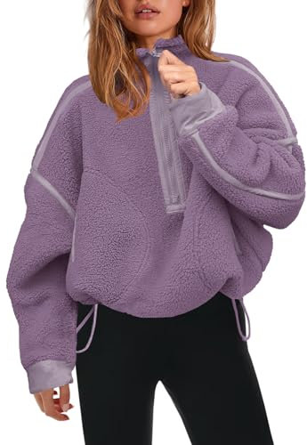 Panadila Damen-Sweatshirt mit halbem Reißverschluss, Sherpa-Fleece, weich, übergroß, mit Taschen, warmer flauschiger Pullover, Violett, XL