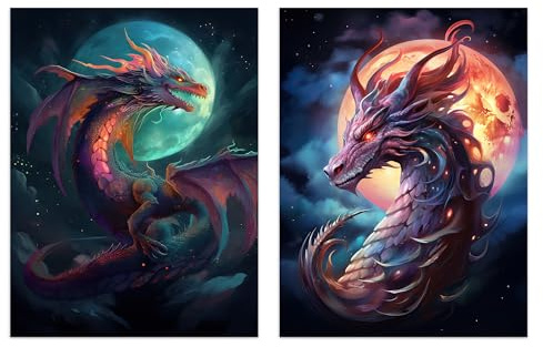 Artery8 Set of 2 Prints Modern Mythical Dragon Full Moon Fantasy Serpent Pack of 2 A4 Poster Wall Art Prints