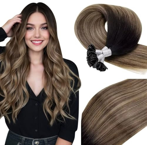 Vivien Extensions Echthaar Bondings Schwarz Balayage Keratin Bonding Echthaar Extensions Ombre Schwarz bis Braun und Blond 14 Zoll 50g 50s