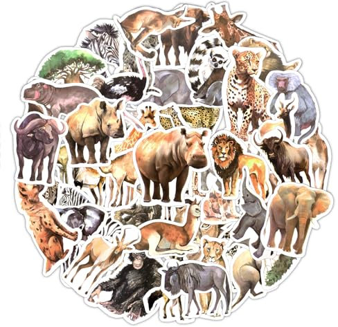 50stk Realistische Tier Aufkleber, Afrikanische Wildtier Aufkleber Wasserfester Dschungel Wildtier Aufkleber Verschiedene Safari-Zoo-Aufkleber für Kinder Wasserflasche Sammelalbum