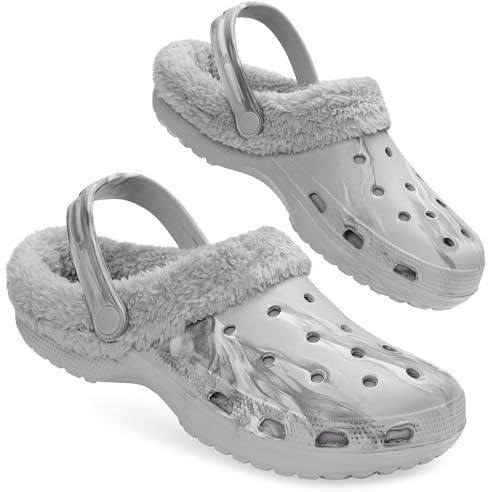 CityComfort Herren Clogs mit Fleecefutter, Warme und Bequeme Hausschuhe – Geschenke für Männer (Grau Marmor, 45 EU)