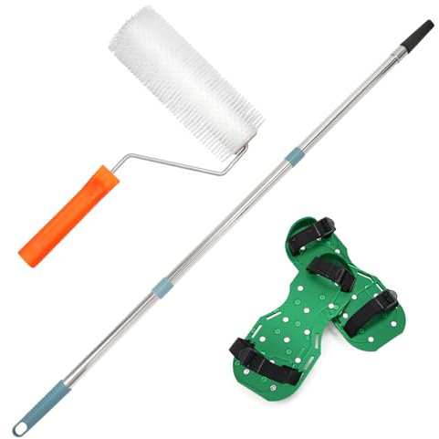 QWORK® Kit de herramientas de cemento epoxi autonivelante, rodillo de púas de 23 cm (altura de diente 20 mm) + zapatas de púas epoxi + varilla telescópica de 1,2 m
