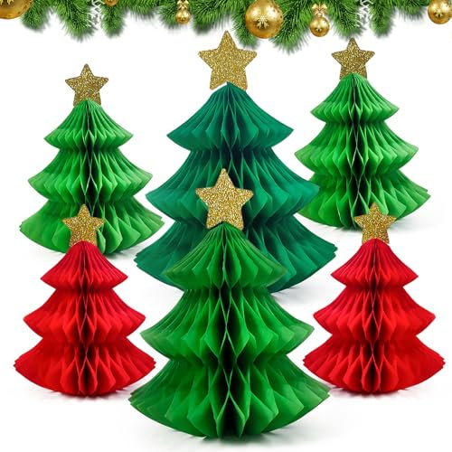 WDJLNZB 6 Stück Papier Tannenbaum, Wiederverwendbare Weihnachtsbäume, Wabenbälle Weihnachten Deko, 3D Papier Weihnachtsbaum Grün Rot für Tischdeko Weihnachten, Tannenbaum Deko zum Hängen oder Stellen