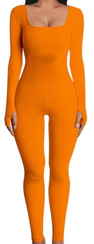OYIGELZ Yoga Jumpsuit Damen Einteiligem Gerippte Strick Langarm Sport Workout jumpsuits Hosenanzug Trainingsanzug Eckigem Ausschnitt Figurbetontem Kuscheliger Overall(Orange-J,M)