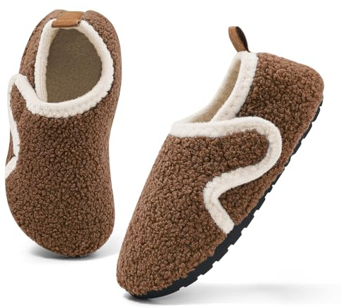 MK MATT KEELY Kids Cosy House Slippers - Toddlers Non Slip Barefoot Slippers with Hook and Loop, Brown, 2/3 UK