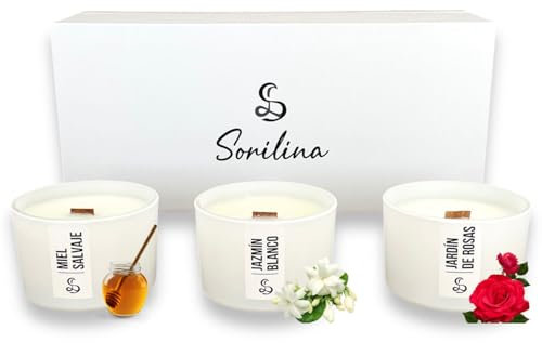 SORILINA Set de 3 Velas Aromáticas con Caja de Regalo - Cera de Soja, Mecha de Madera Crepitante, Hechas a Mano en España (Jazmín, Rosas y Miel)
