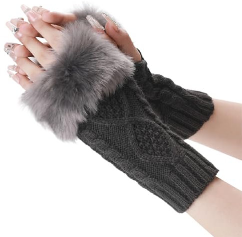 CABODYALS 2 Paar Dunkelgraue Fingerlose Handschuhe Mit Zopfmuster Armstulpen Winterhandschuhe Mit Weichem Flauschigem Daumenloch Und Kunstpelz Gestrickte Handgelenkwärmer Fäustlinge Für Damen Unisex Z