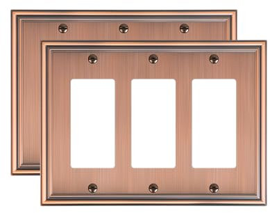 TREEWELL 2-Pack Decorative Tripple Decorator Outlet Cover Plate, Durable Zinc Alloy Antique Copper Wall Plates for Electrical Outlet, Receptacle, GFCI Outlet, Dimmer Switch, 3-Gang Corrosion Resistant