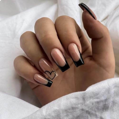GlamRays Press On Nails French Long Medium Cute False Nail Heart Coffin False Nail Acrylic Full Cover Black Adhesive Nail Stickers Pack of 24