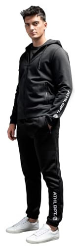 ATHL DPT. Herren moderner Jogginganzug/Sportanzug/Set aus Sweatjacke mit Kapuze und Jogginghose mit Bündchen, Schwarz gefüttert, Gr. L