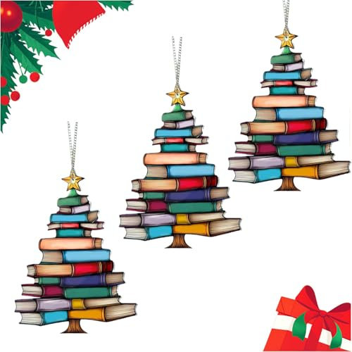 3PCS Christmas Book Tree Suncatcher Ornament, Christmas Decorations for Windows, Acrylic Christmas Stacked Book Tree Hanging Ornament, Christmas Book Tree Ornament (S/3.5in)