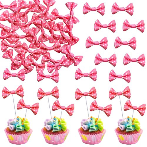 Gyufise 24Pcs Bow Dots Mouse Cupcake Toppers Baby Shower Bowknot Cupcake Toppers Birthday Party Bow Dots Cupcake Toppers Cake Decorations Supplies Rose Red