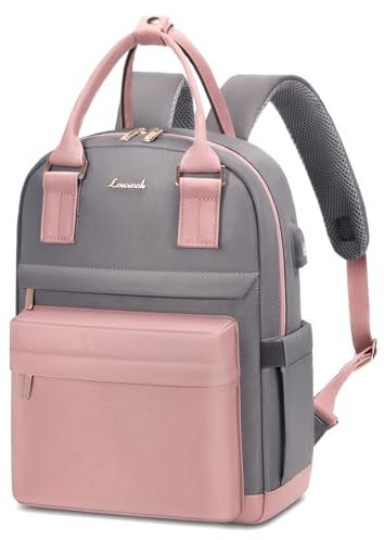 LOVEVOOK Sac à Dos Femme, 13,3 Pouces Petit Mini Sacs à Main Portés dos Elegant Leger et Imperméable, Sac a Dos Voyage Antivol et Chic avec Port de Charge USB pour Voyage Loisir Collège, Rose Gris
