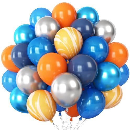 Luftballons Blau Gelb, 60 Stück Weltraum Luftballons Set Marineblau Metallic Blau Silber Orange Gelb Achat Latexballons Helium Ballons für Junge Kinder Geburtstag Partydeko Babyparty Dekoration
