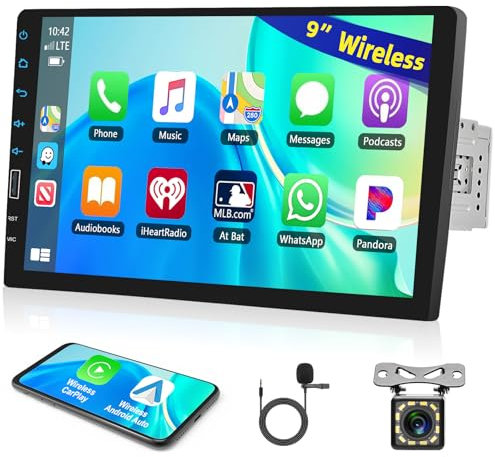 Motorsi Carplay Autoradio 1 Din, Bluetooth Car Stereo 9 Pollici HD Touchscreen Support Wireless Android Auto Bluetooth MirrorLink FM SWC USB Carica Retroilluminazione Colorata + Telecamera Posteriore