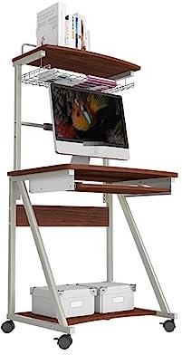 GTHTUHFD 3 Tiers Rolling Computer Desk W/Keyboard Tray Narrow Home Office Desk W/Upper Storage Shelves PC Laptop Table for Study Writing,Brown