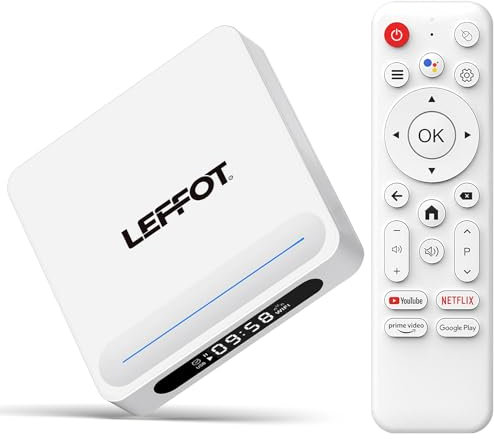 LEFFOT Boitier Android TV 2025, H618 Plus 4K UHD Android 14 TV Box, 4Go RAM 32Go ROM, Boitier IP-TV avec Contrôle Vocale, HDR10, 2.4G & 5G WiFi 6, BT 5.4, Ethernet, Allwinner H618 Quad Core A53