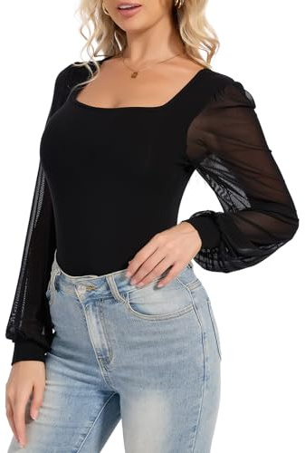 SHAPERIN Women Square Neck Bodysuit Long Lantern Sleeve Top Puff Sleeve Body Suit Elegant Blouse Tops, Black, M
