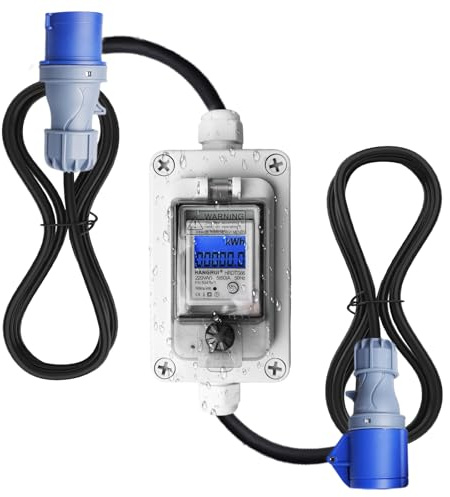 Mobiler Digitaler Stromzähler 60A 230V, IP67 wasserdicht mit CEE Stecker und Kupplung, KWH Messgerät 3 * 1,5mm² 3m Gummikabel & Reset-Funktion für Wohnmobile, Elektrofahrzeuge & Camping