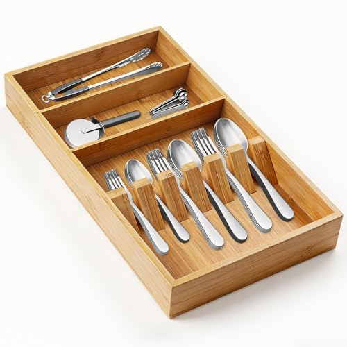 Wlicon Range Couverts en Bambou de Tiroir 42 CM x 25,5 CM x 4,5 CM Rangement Ustensiles en Bambou pour Tiroir Organisateur Couverts en Bois Naturel pour Cuisine Vaisselle Rangement