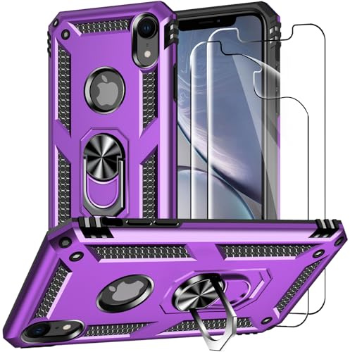 Jihucase for iPhone XR Phone Cases with Screen Protector:[Military Grade Drop Tested] Ring Holder Kickstand Shockproof Anti-Slip Protective Phone Case for iPhone XR 6.1- Purple