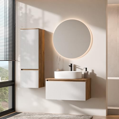 Planetmöbel Arisa Badmöbel Set Waschtisch mit Unterschrank | 80 cm, gold eiche weiß (geriffelt) mit NOVA Spiegel und Hochschrank, Waschbecken 55 cm gold eiche weiß, Raumsparsiphon