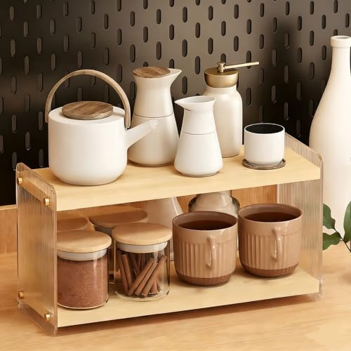 PERFECT LASER Matcha & Coffee Station Organizer 2-Tier Acrylic Wood Shelf — All-in-One Countertop Storage Rack for Mugs, Coffee Beans, Syrup, Condiments, Ideal for Kitchen, Home & Office
