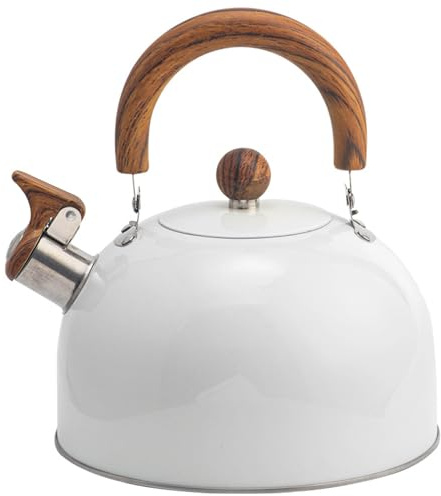 Bouilloire à thé sifflante en acier inoxydable 3L, poignée en bois pour cuisinière à induction, qualité alimentaire, sans odeur, blanche