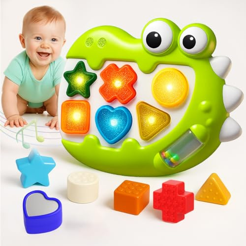 Toyana 6 in 1 Sensory Learning Dinosaur Shape Sorter Activity Cube with Lights Sounds & Textures, Early Learning Educational Toy for Fine Motor Skills Development Baby Gift for Boys Girls 6+ Months