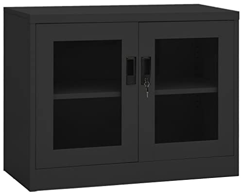 mtlskopl Armadio da ufficio antracite, 90 x 40 x 70 cm, in acciaio con ante in vetro, armadietto in metallo con serratura, con ripiano, per ufficio, casa e archivio, mobile basso in metallo
